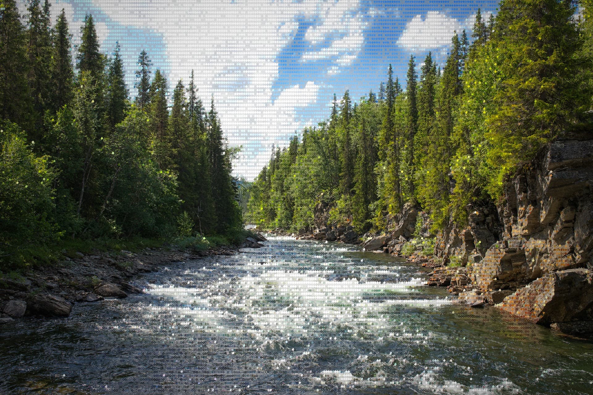 Forest river under a blue sky rendered in ASCII